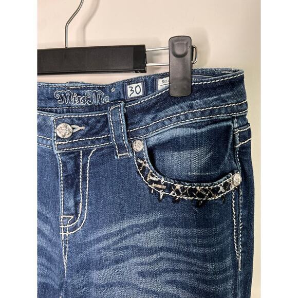 Miss Me Vintage Jeans Relaxed Boot XP7547B Rhinestone Silver Embellished Pocket - Picture 8 of 10